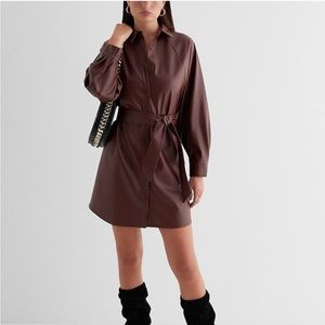 NWT Express Faux Leather Mini Portofino Shirt Dress, Rich Mocha, Size Small